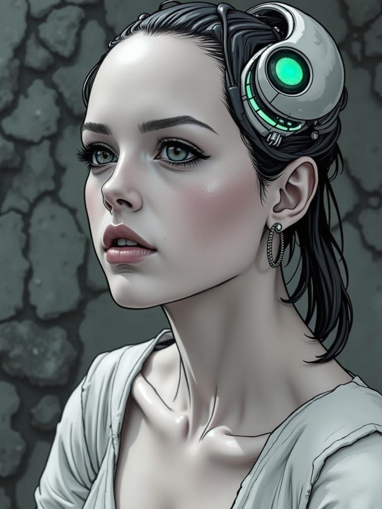 Biomechanical Woman in Organic Chamber with Mint Lighting