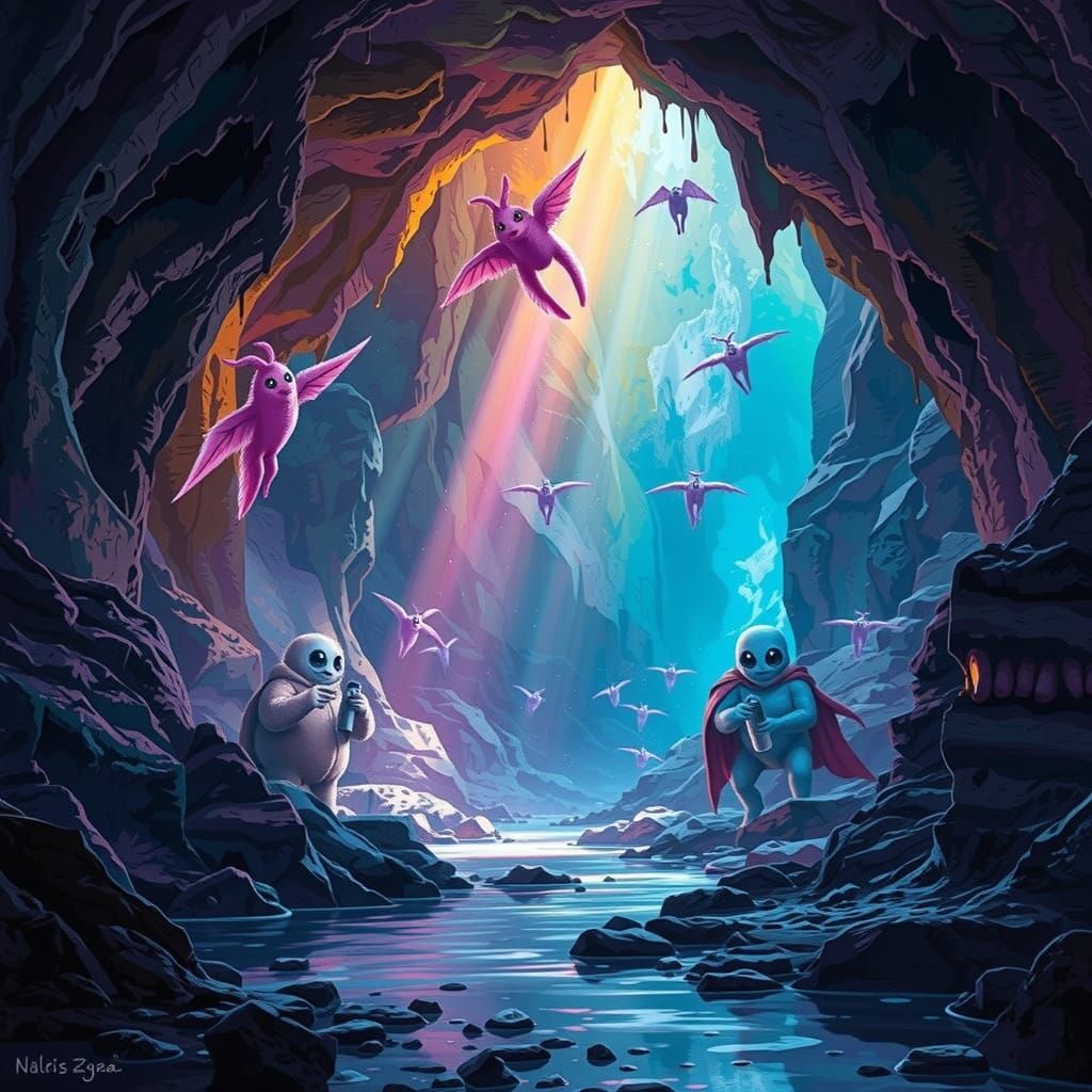 Blue Alien Scientists Explore Cavern