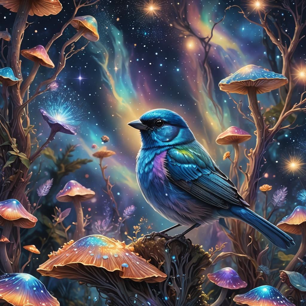 Blue Sparrow Perched on Luminous Mushroom: Astral Illustrati...