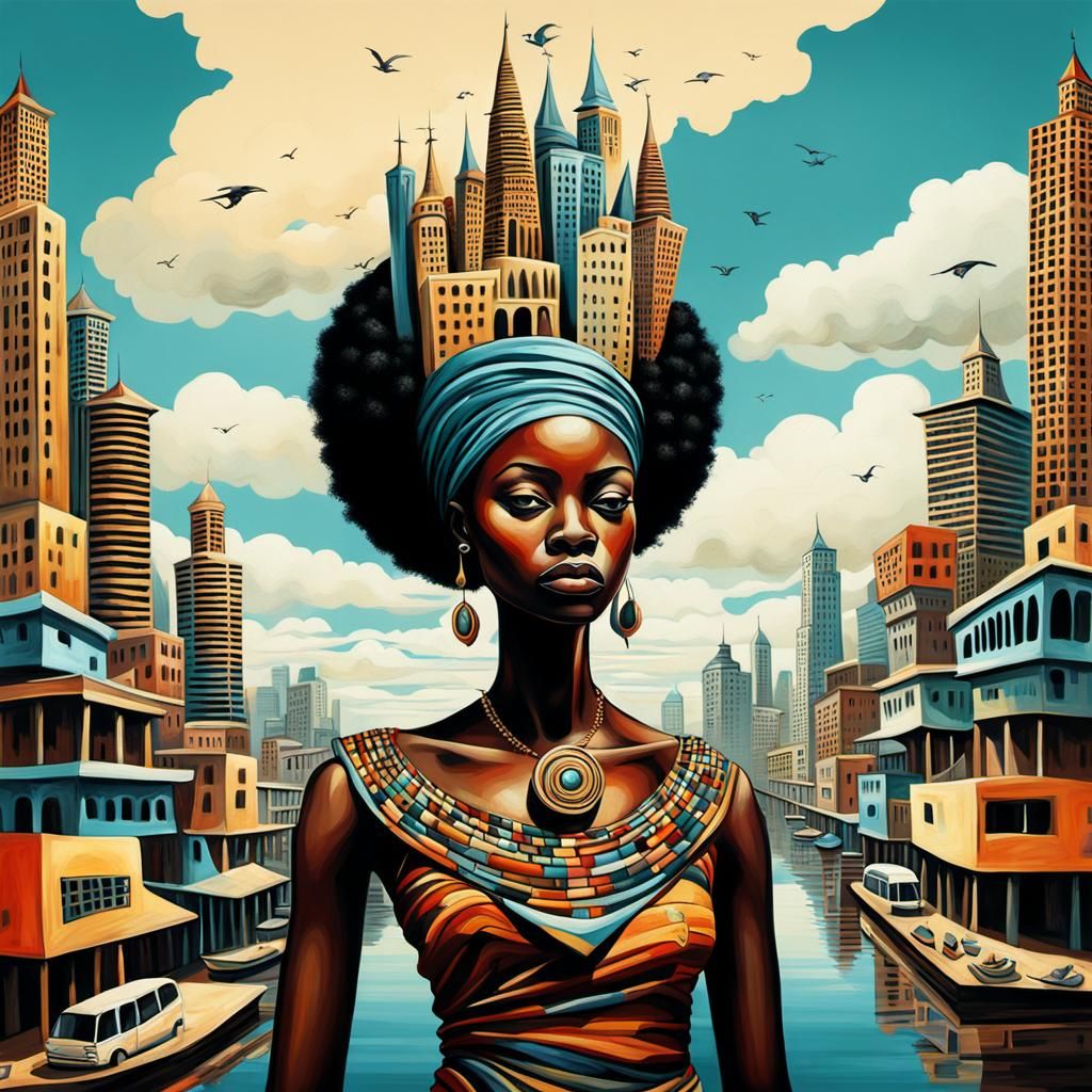 Abstract African Queen in Surreal Cityscape