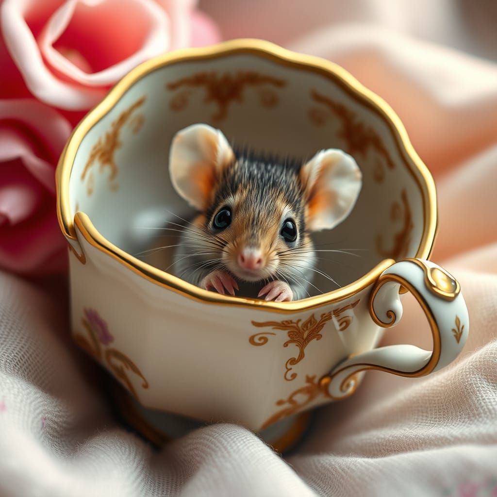 Whimsical Mouse in Antique Teacup Scene