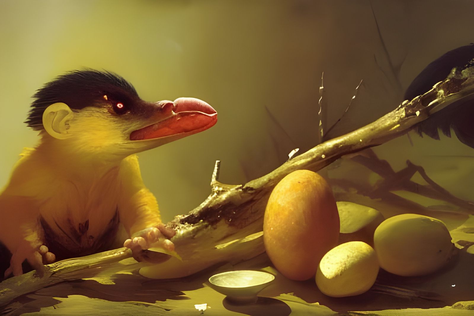 Mongoose Devouring Red Fried Eggs in Dark Fantasy Style