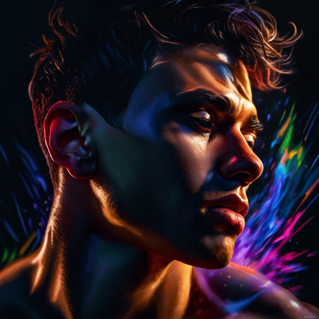 Hyper realistic, gorgeous, buff body shot of handsome young man chiaroscuro lighting, dream catching Hyperrealistic, spl...