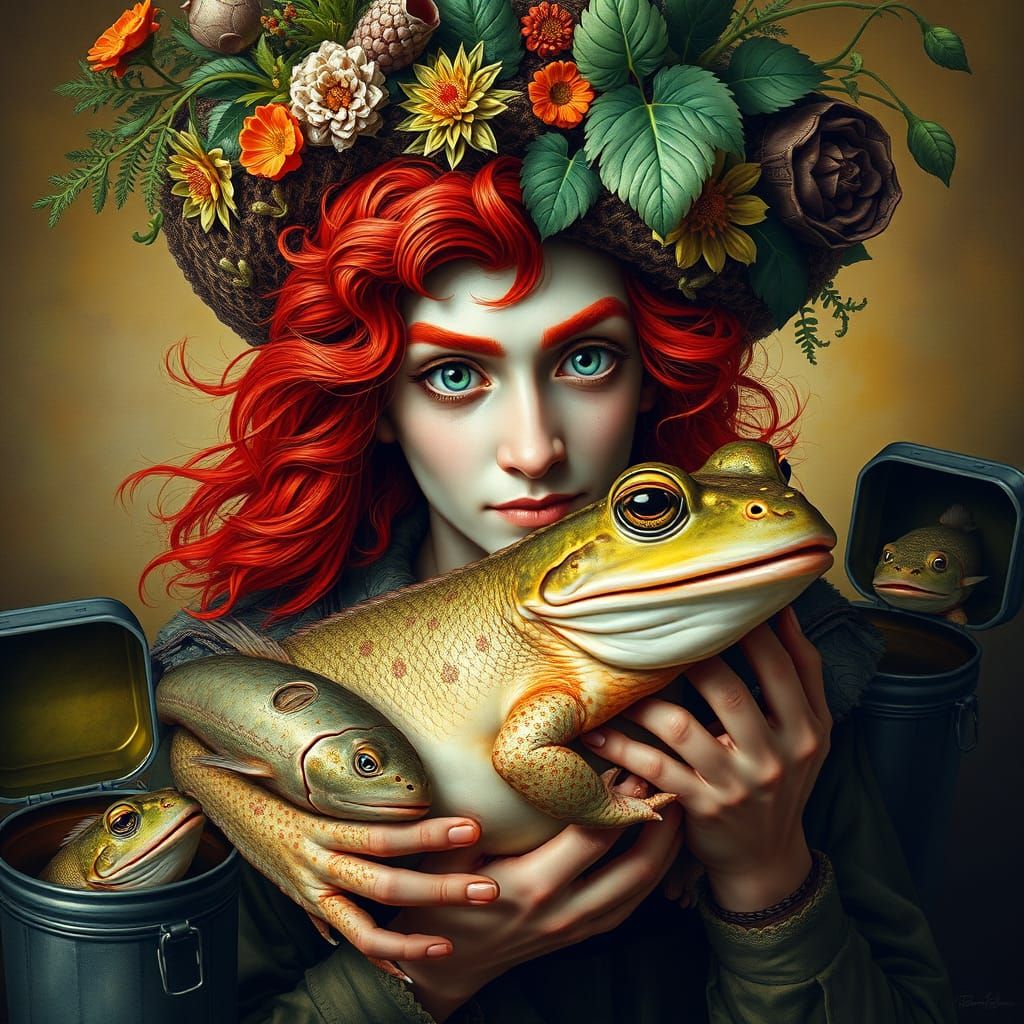 Dürer-Inspired Male Figure with Red Hair and Laughing Toad