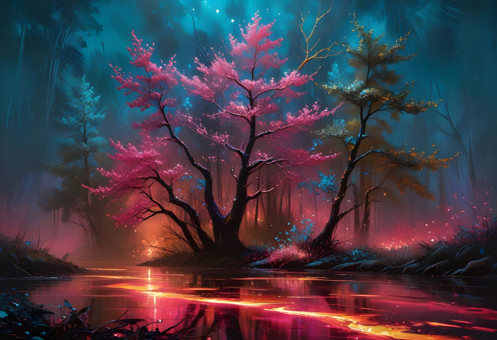 Bioluminescent Landscape with Impasto Painting Style