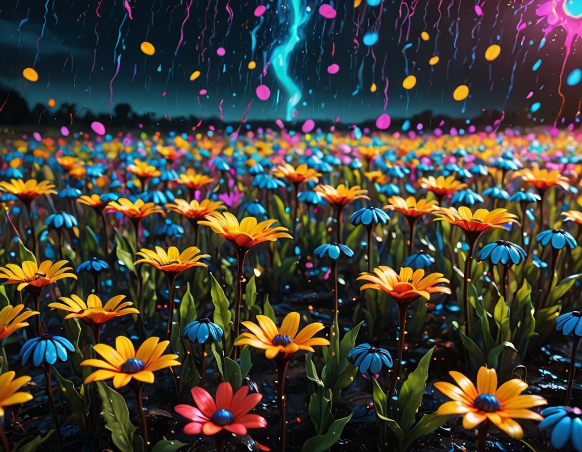 Abstract Neon Alien Flowers with Chocolate Rain