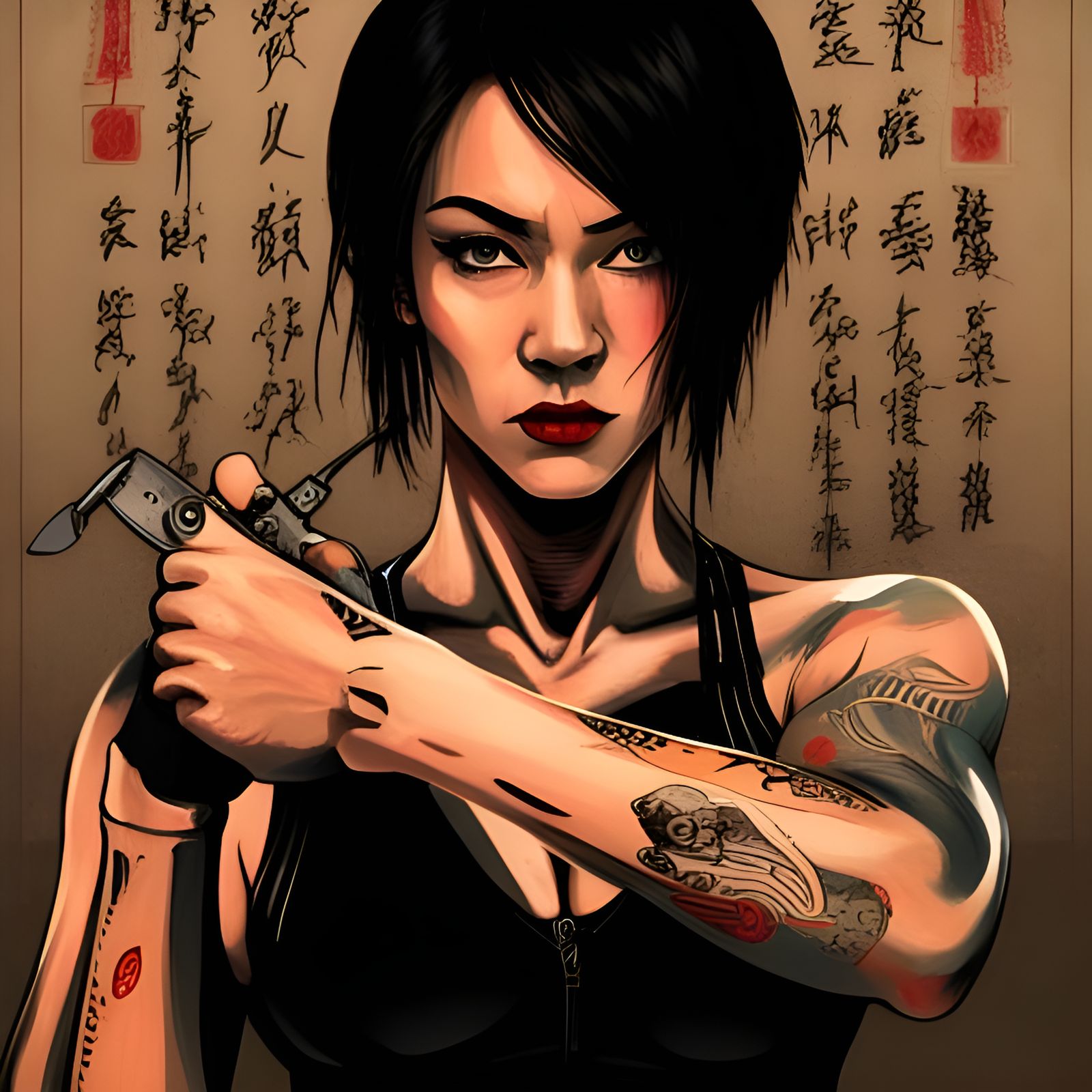 Spike Punk Yakuza with Mechanical Arm in Steampunk Style