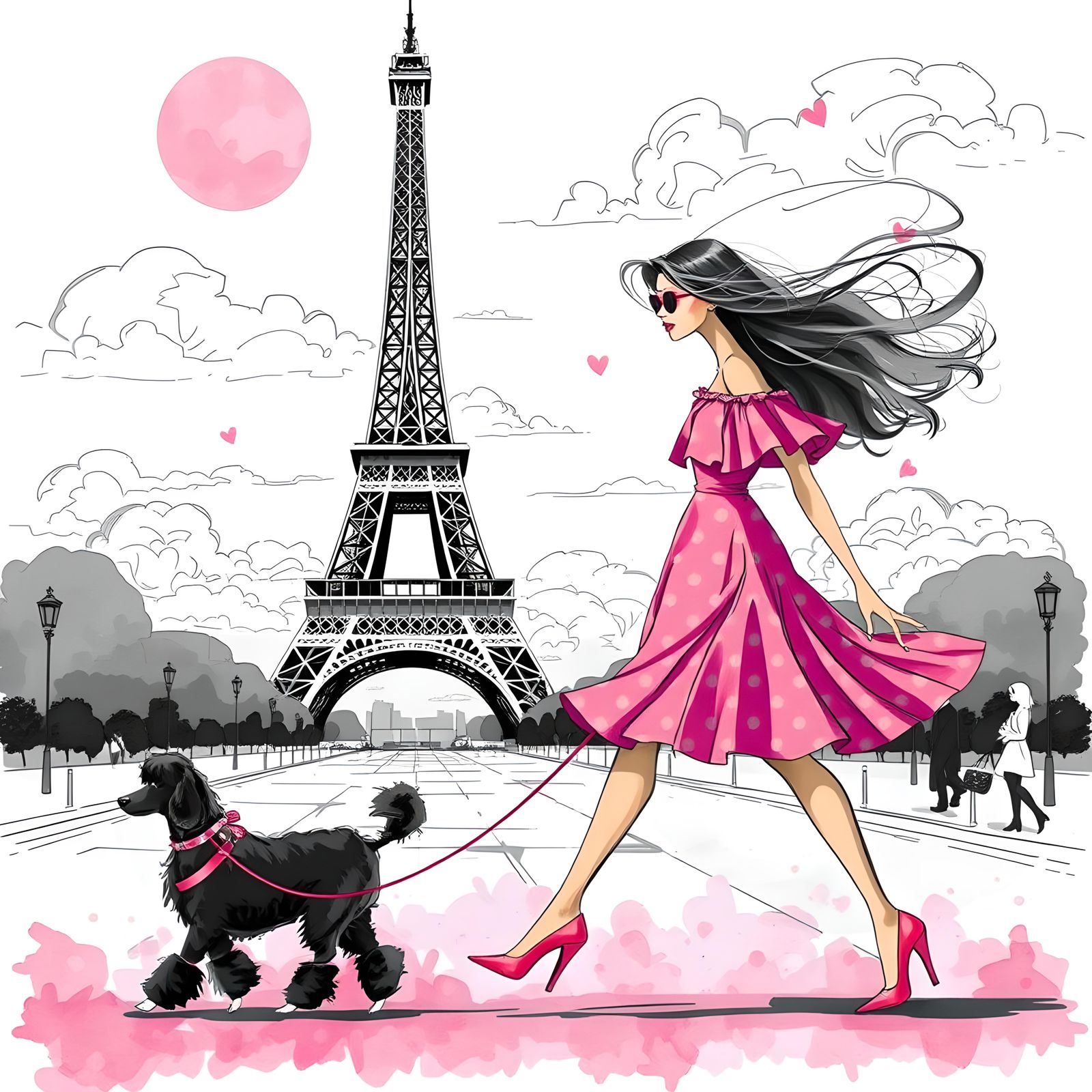 Chic Parisian Woman in Pink Dress Fashion Illustration