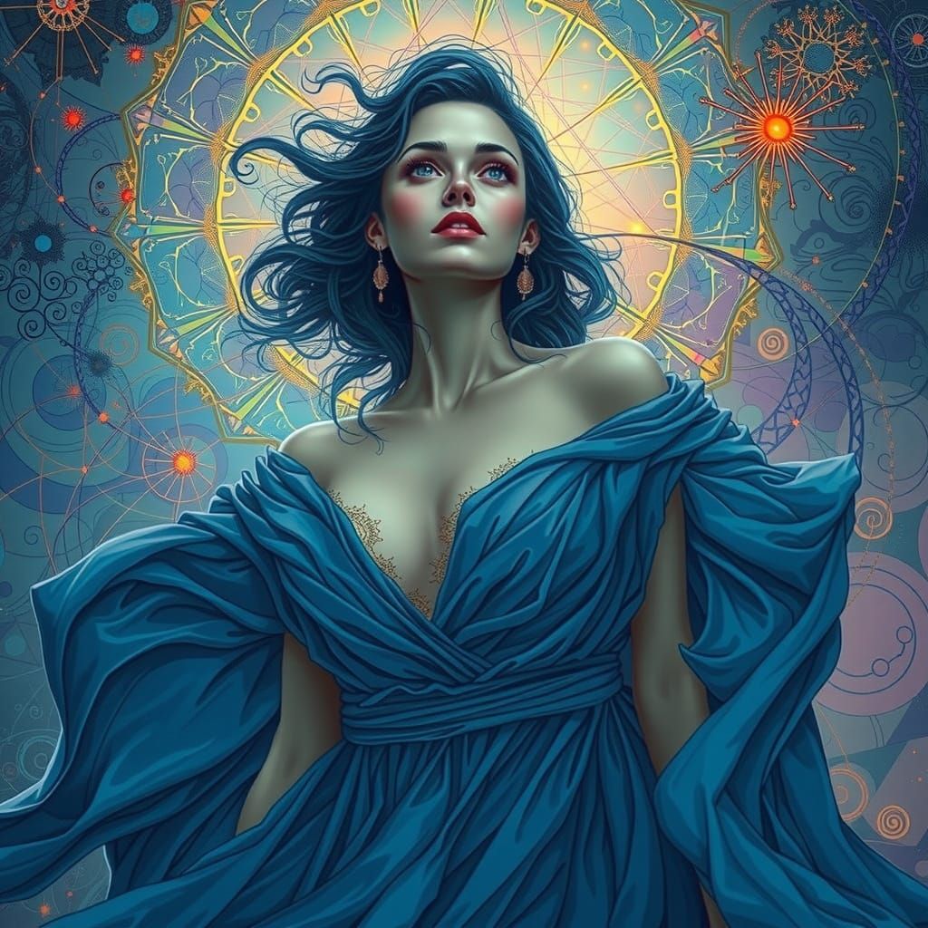 Woman in Blue with Fractals and Ethereal Lighting
