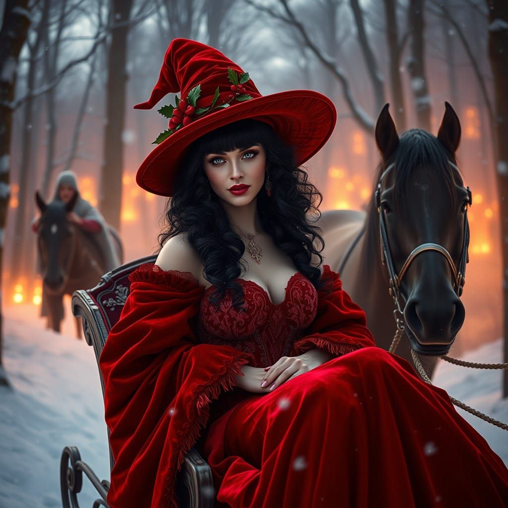 Regal Fantasy Woman in Crimson Velvet Attire Rides a Black H...