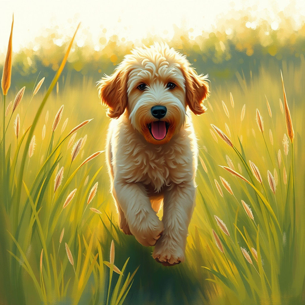 Golden Doodle Runs Through Sunny Meadow as Impressionist Pai...