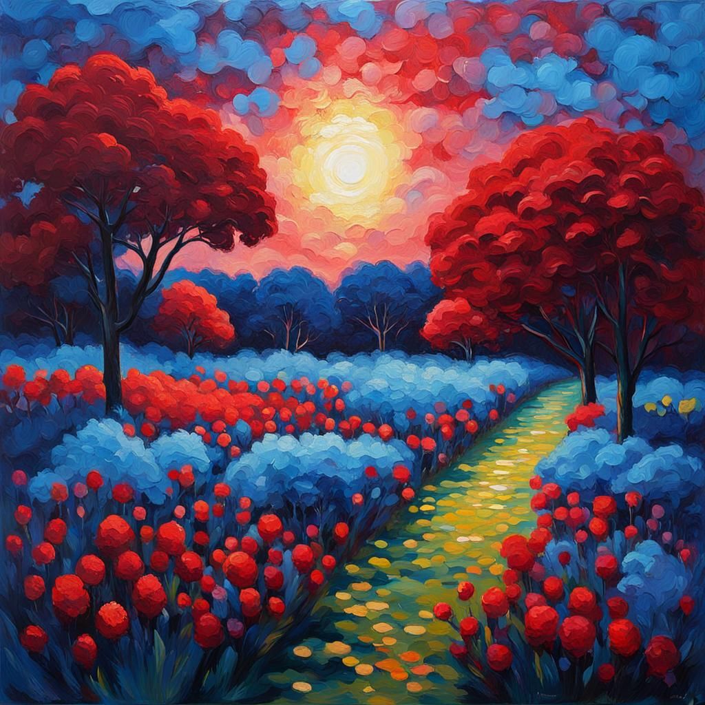 Velvet Red Sunset Over Gardens: Neo-Impressionist Oil Painti...