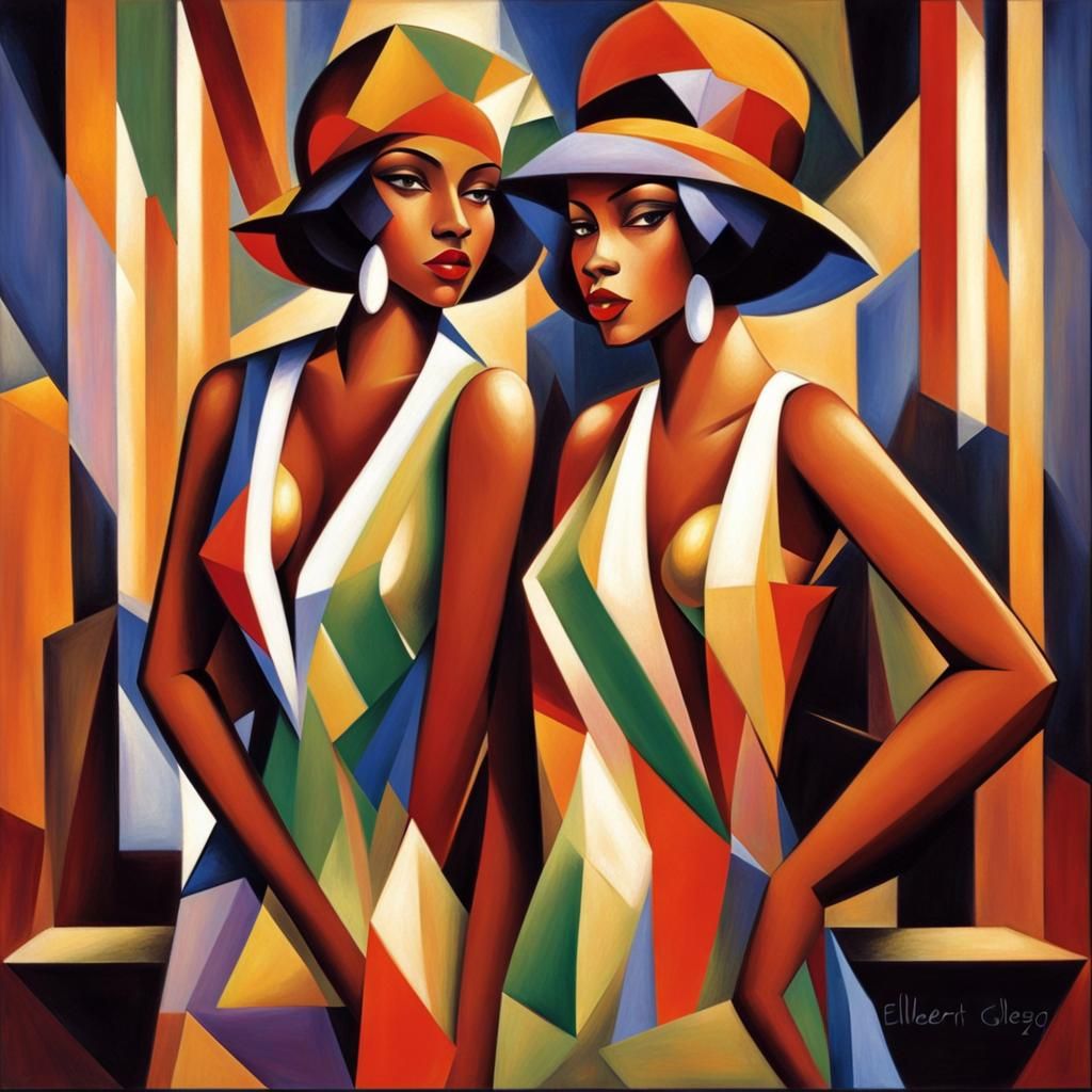 Flapper Girls in Nightclub, Abstract Cubism Style