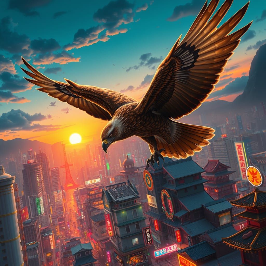Majestic Hawk Soars Over Neon-Lit Japan Town at Dusk
