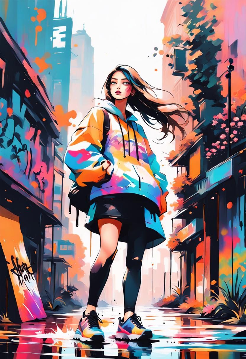 Cute Girl in Tropic Cityscape, Splash Art