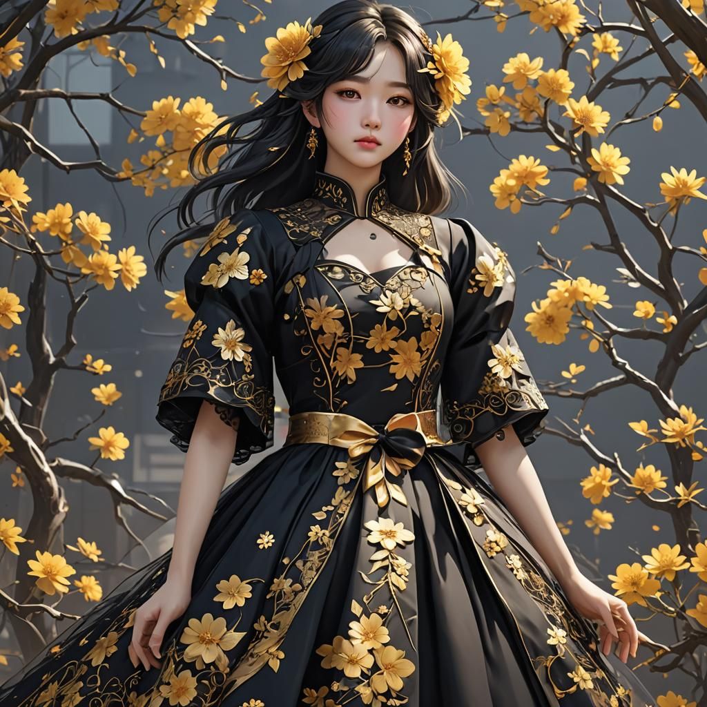 Black Korean Frock with Golden Flowers in Anime Art