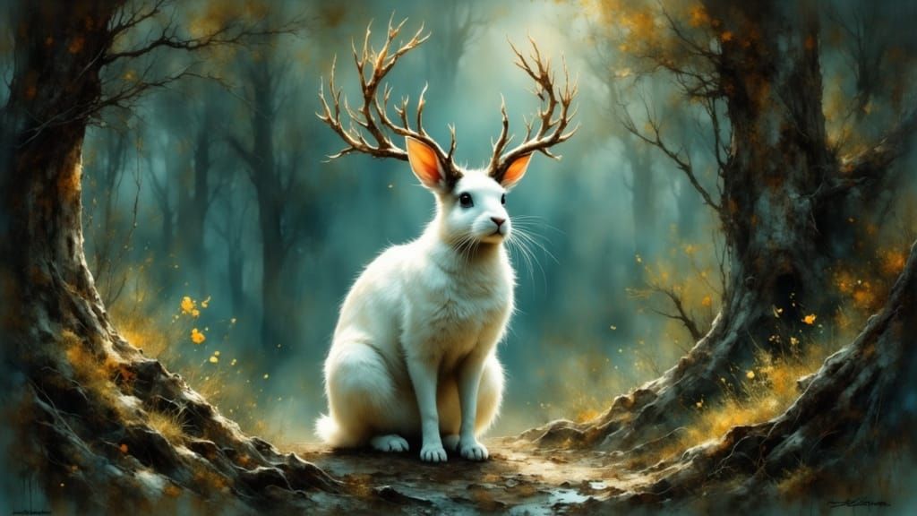 Rabbit with Antlers in Mystical Forest