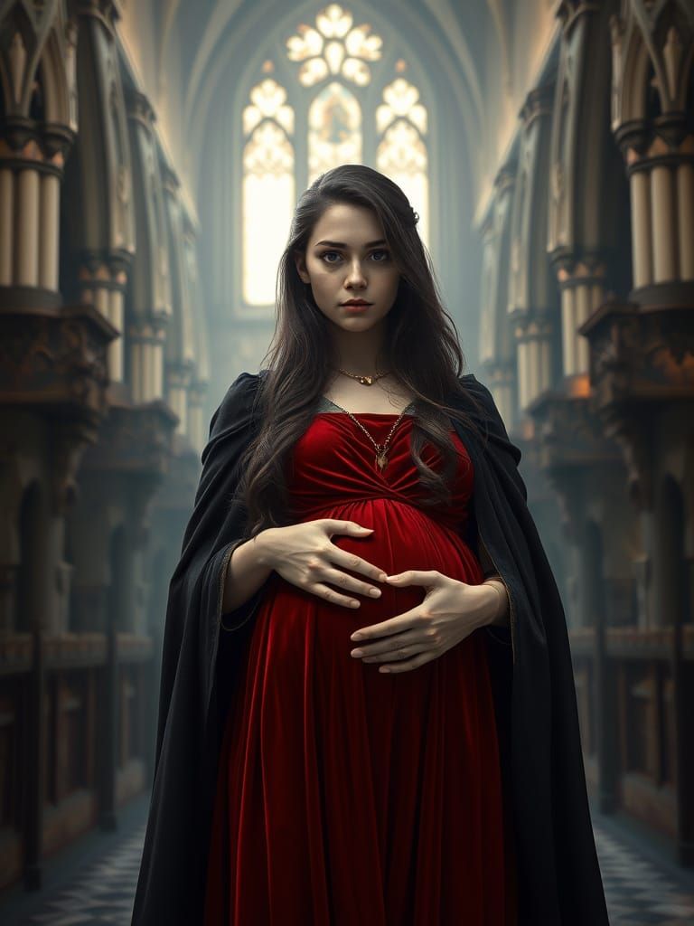 Medieval Teenage Maiden in Red Velvet Gown at a Church