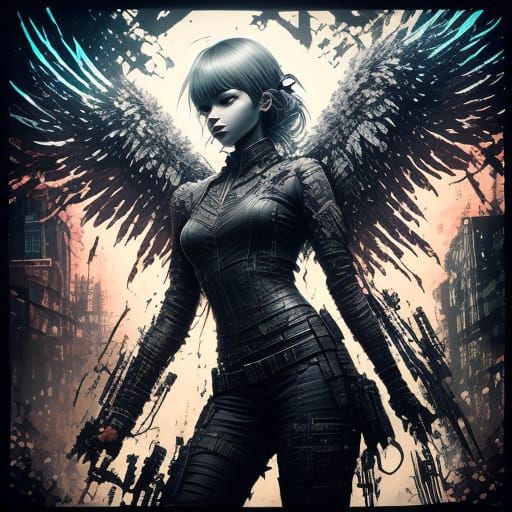 Anime Angel in Neon Cityscape, Detailed Ink Art