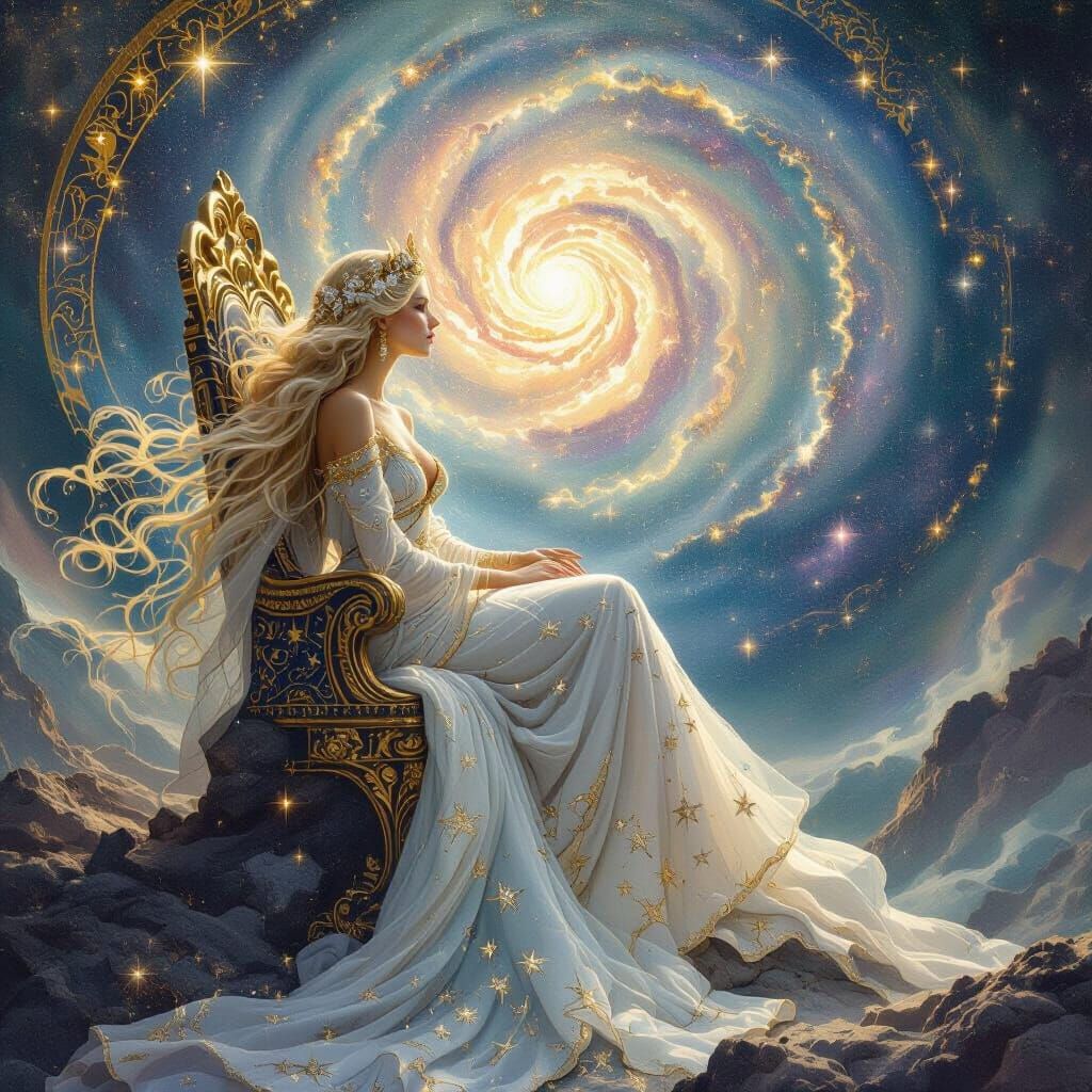Cosmic Goddess on Asteroid Throne in Surreal Style
