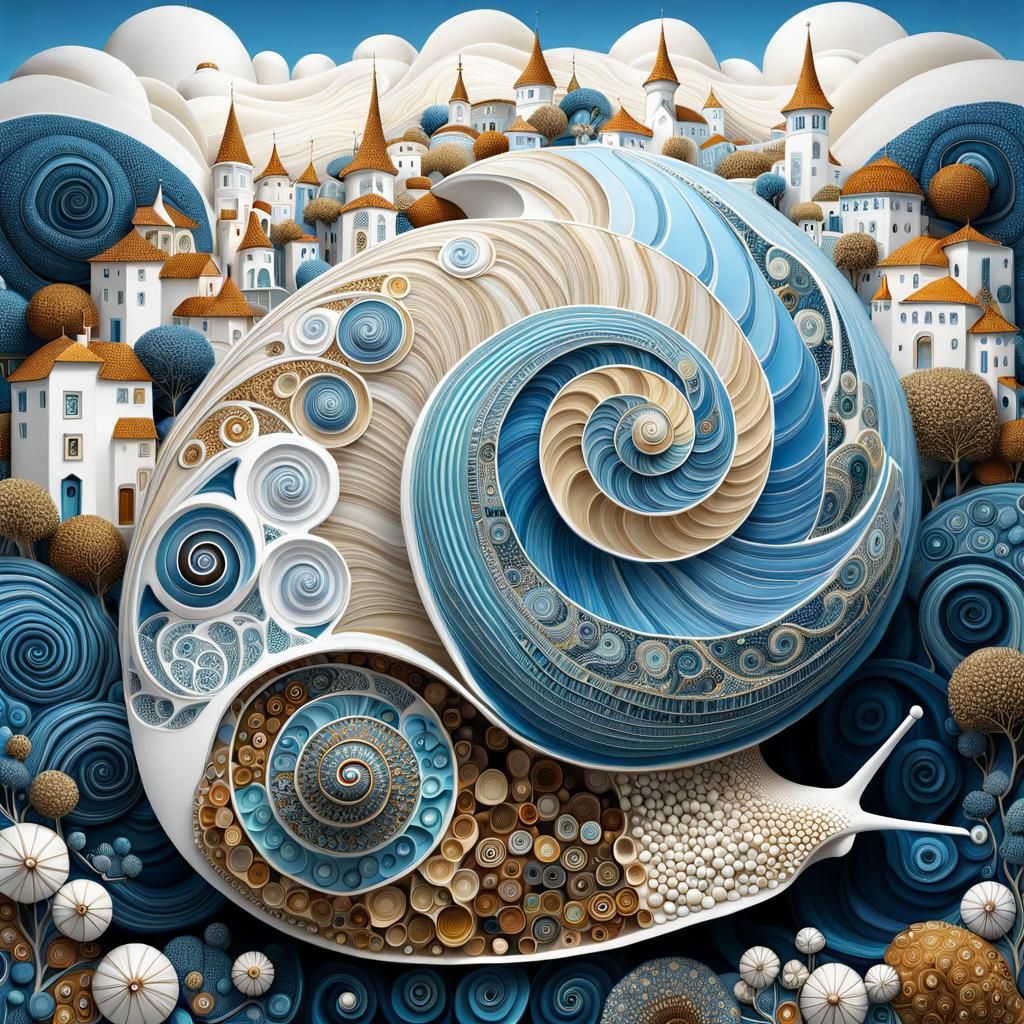 Snail Village: Hyperrealistic Mosaic in Klimt Style