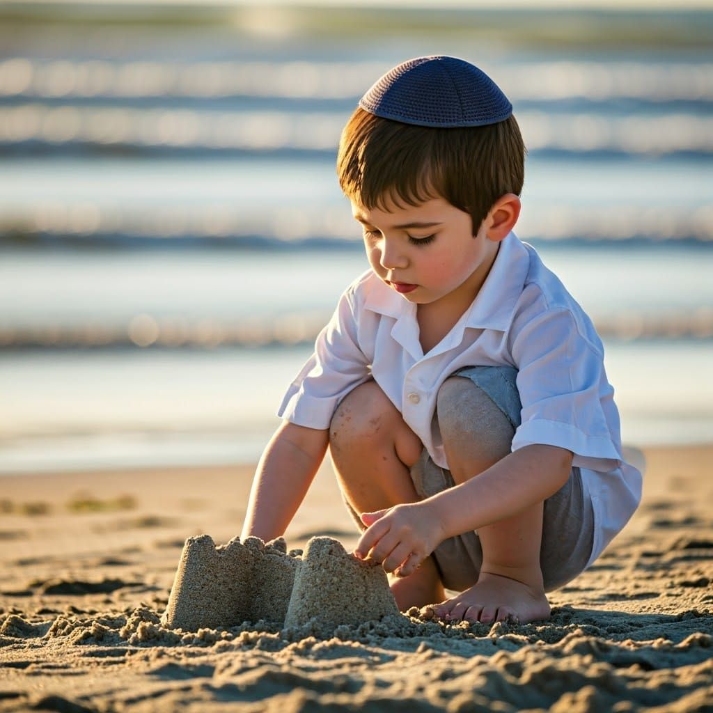 Young Ultra-Orthodox Boy Builds Sand Castle by the Sea in In...