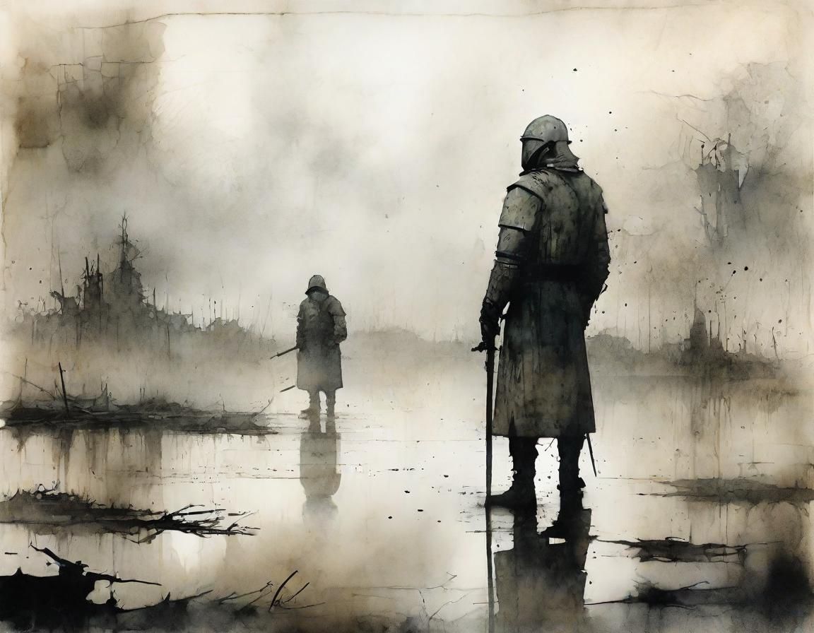 Foggy Battlefield Silhouette in Mixed Media Art