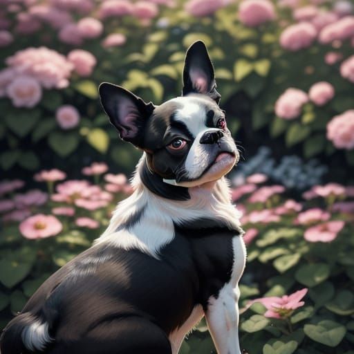 Black and White Boston Terrier in a Serene Floral Oasis