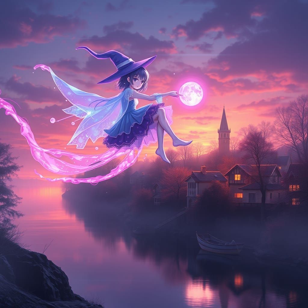 Ethereal Witch Over Glowing Town: Anime Style