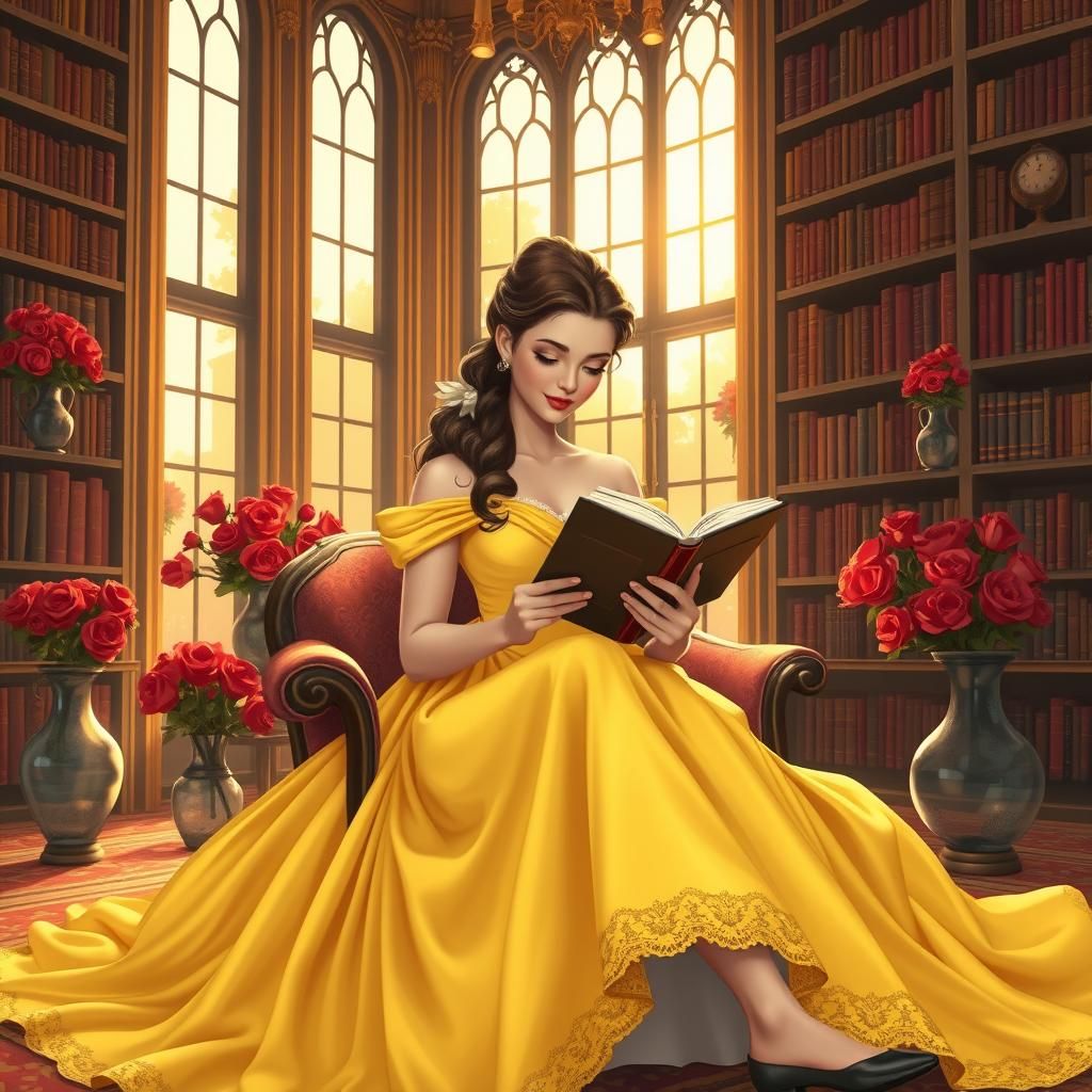 Belle in Library: Art Nouveau Style