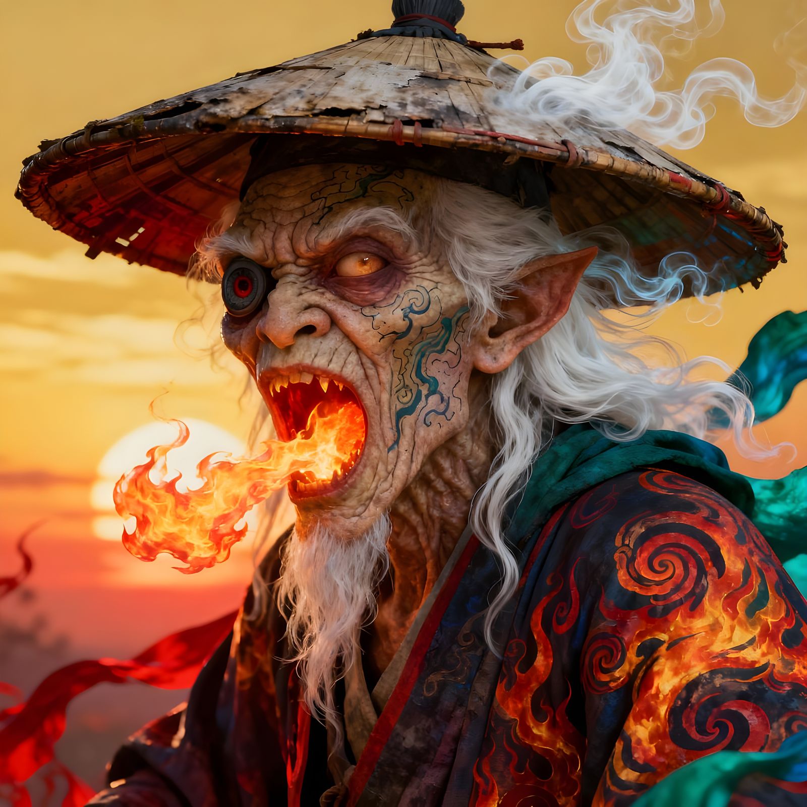 One-Eyed Yokai Spirit with Fiery Mouth and Traditional Hat