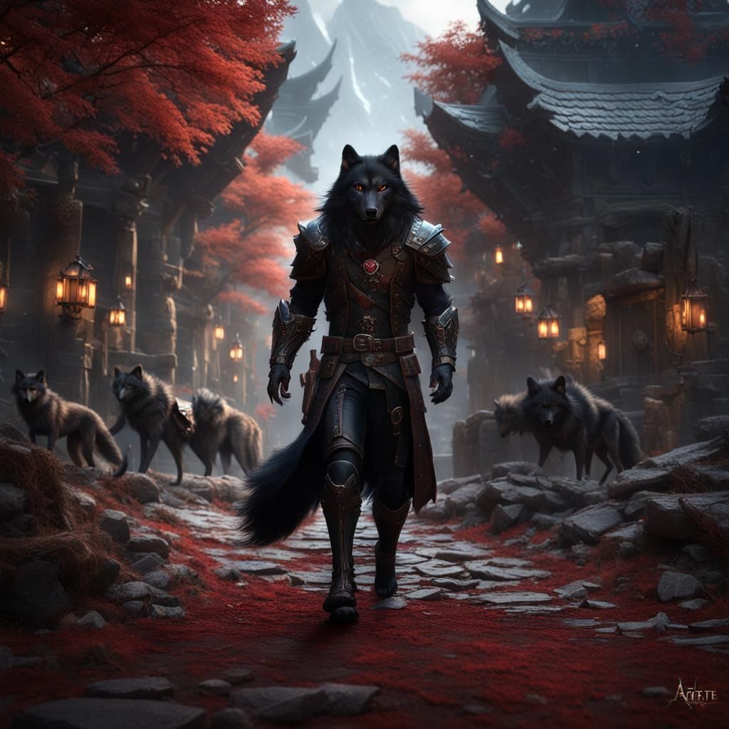 Handsome Black-Haired Man Leading Wolf Pack
