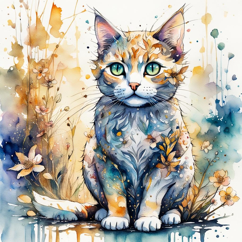 Watercolor Kitty in Whimsical Wonderland