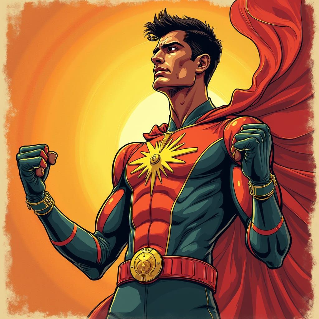 Heroic Shaktimaan in Retro Futuristic Indian Art Style