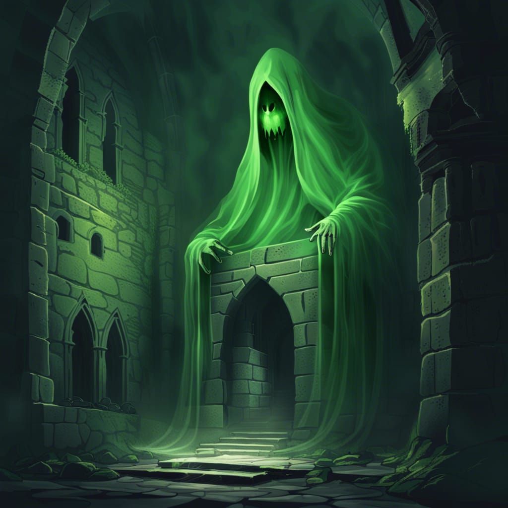 Green ghost in a castle.