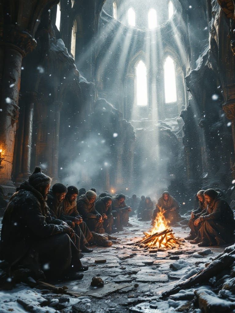 Refugees Huddle Around Flickering Fire in Ruined Gothic Cath...