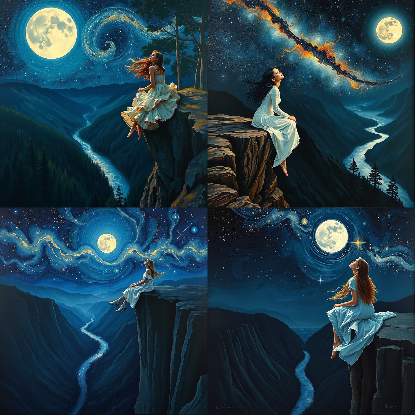 Woman on Cliff's Edge Under Moonlight, Neo-Impressionism