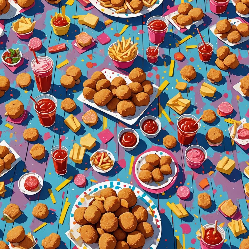 Chicken Nuggets and Llamas in Pop Art Style