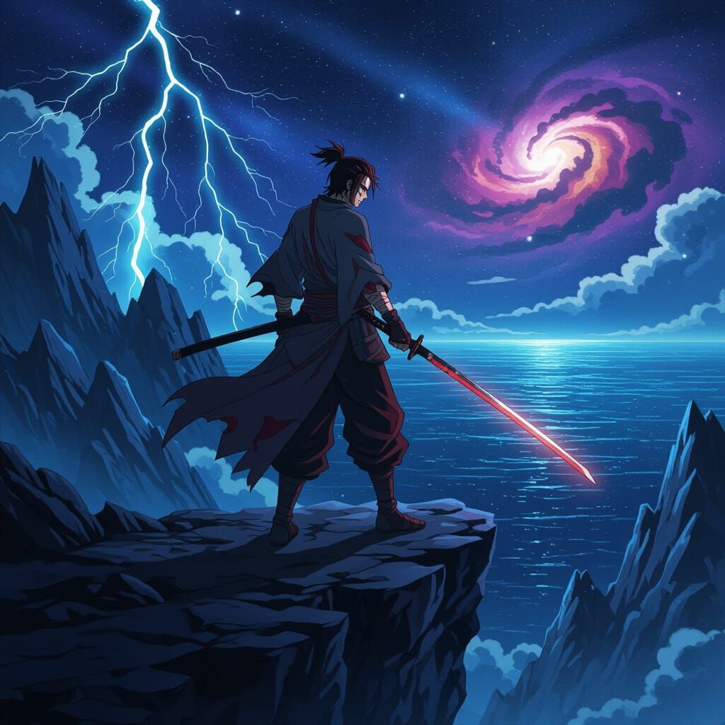 Anime Swordsman Overlooking Cosmic Ocean in Manga Style