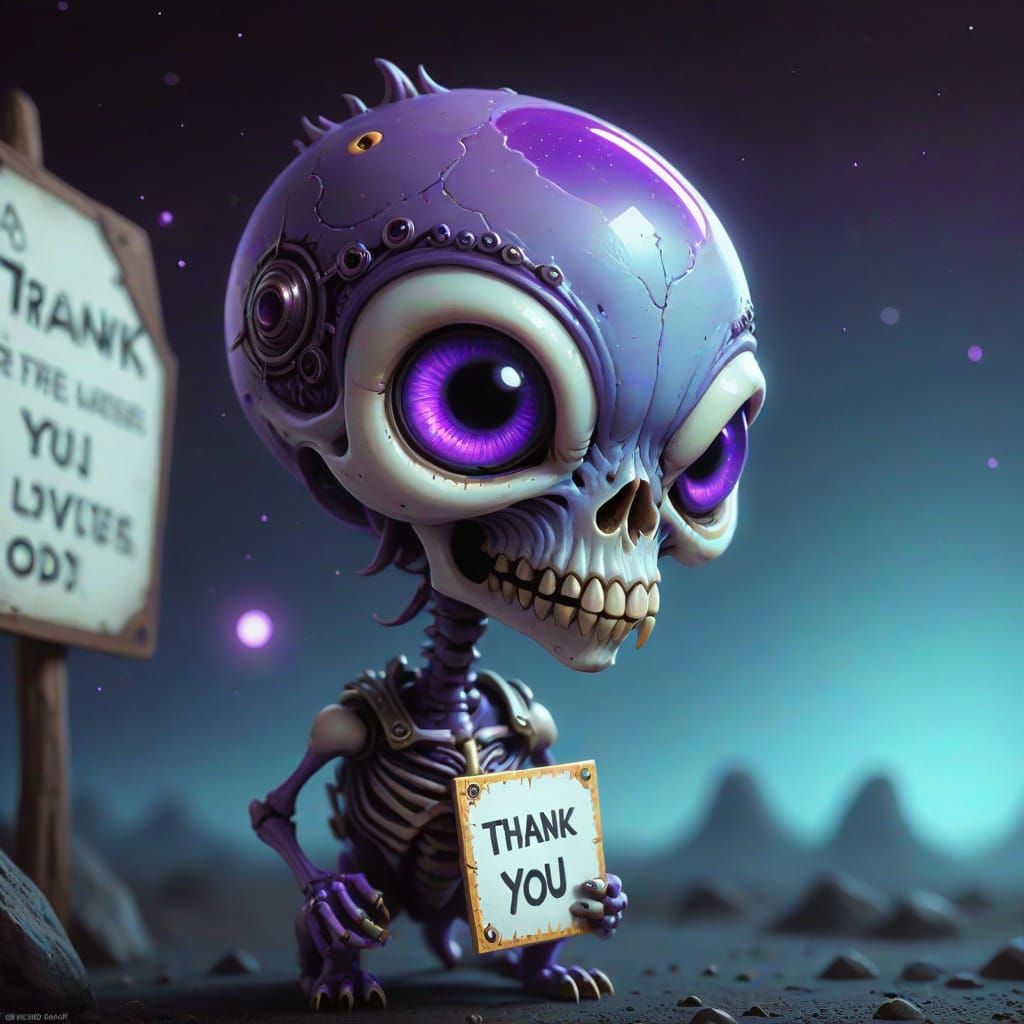Bizarre Purple Critter Holding "Thank You" Sign