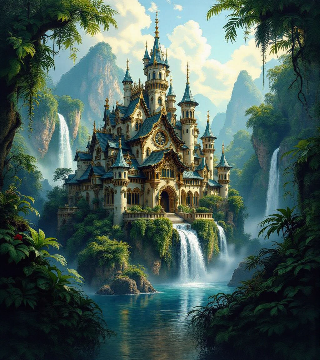 Intricate Medieval Castle Village in Wild Jungle Waterfall