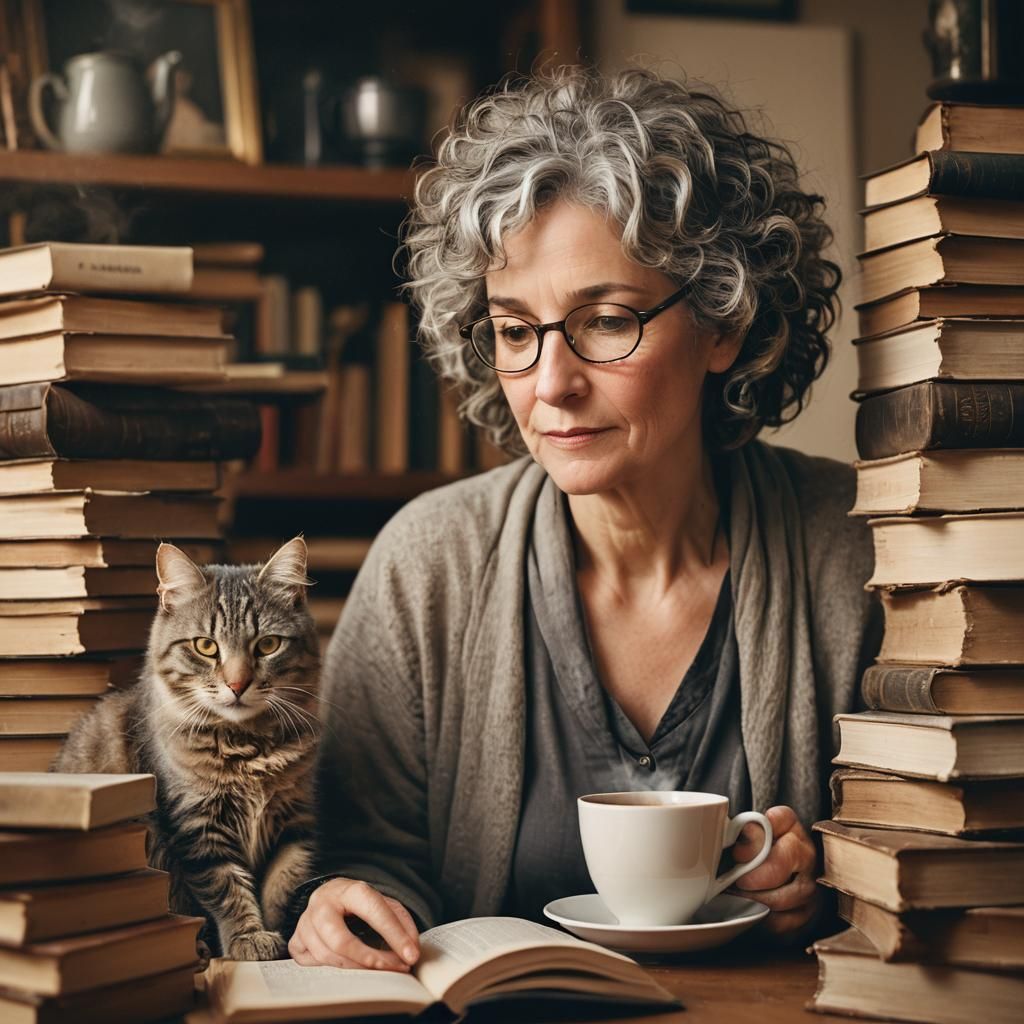 Cozy Portrait of Woman with Cat Surrounded by Books
