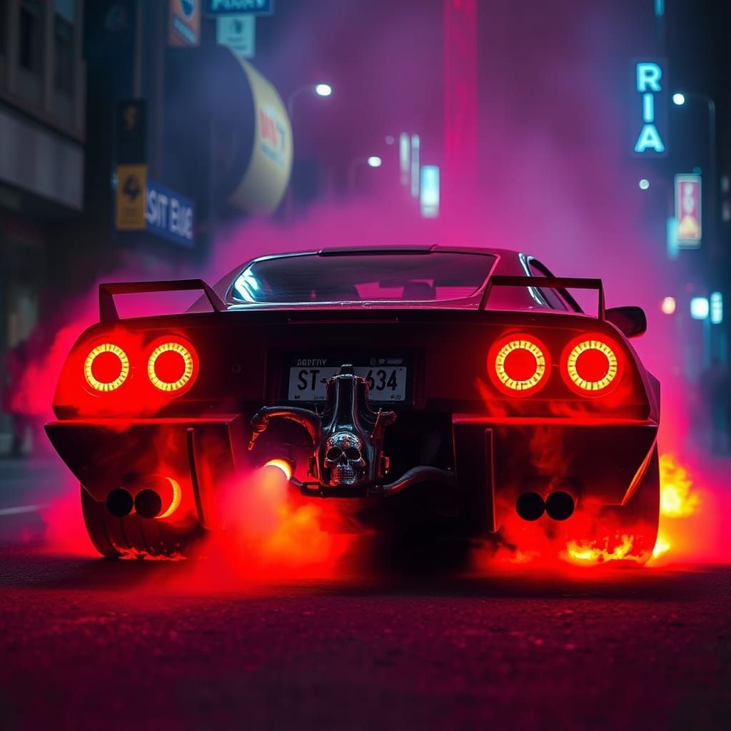 Cyberpunk Car Burning with Skull Exhaust