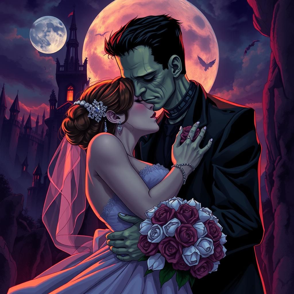 Romantic Frankenstein Kiss in Vibrant Anime Style