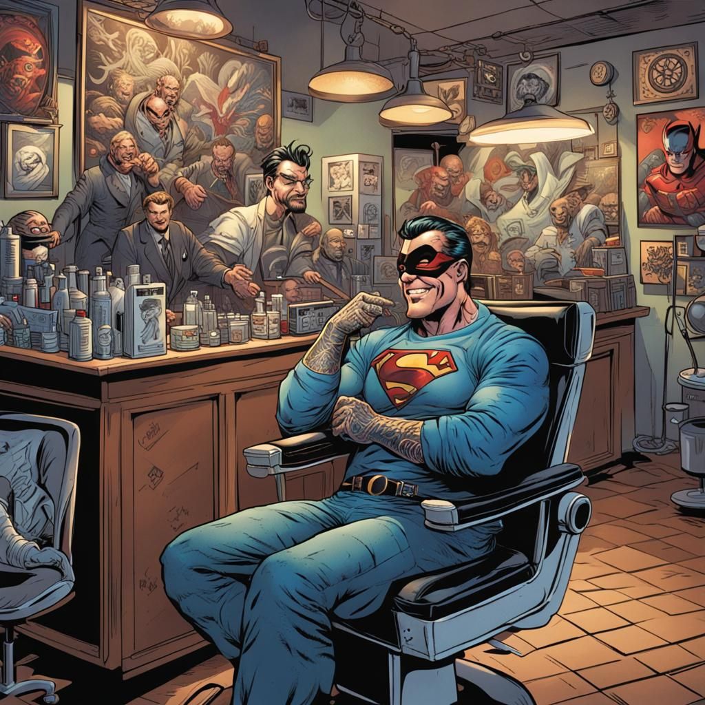 Superhero Getting Tattoo in Comic Book Art Style