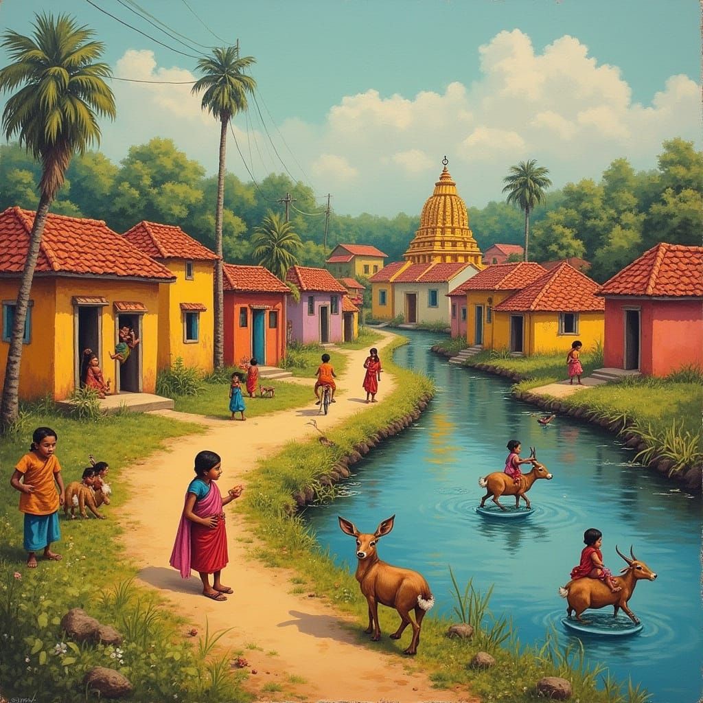 Indian Village Scene on Godavari River Bank