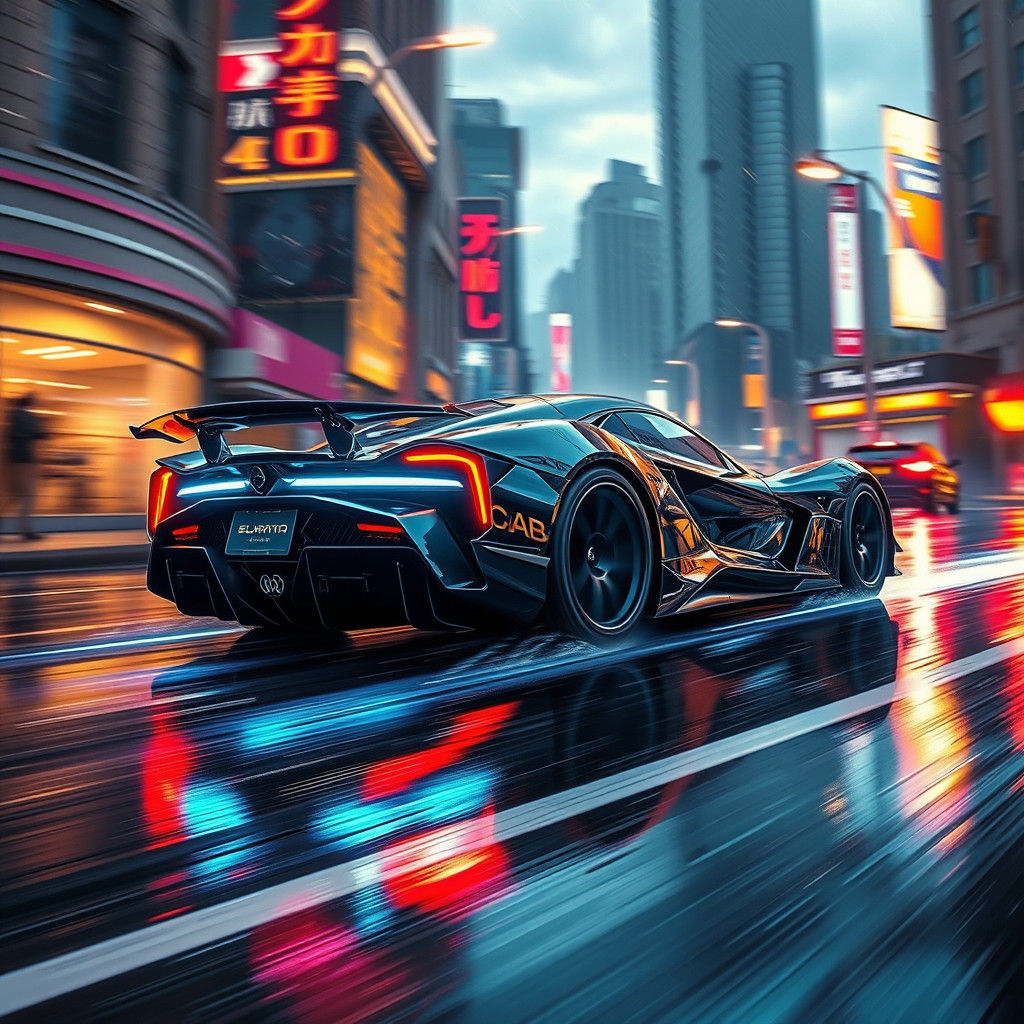 Cyberpunk Supercar Speeds Through Neon City at Dusk