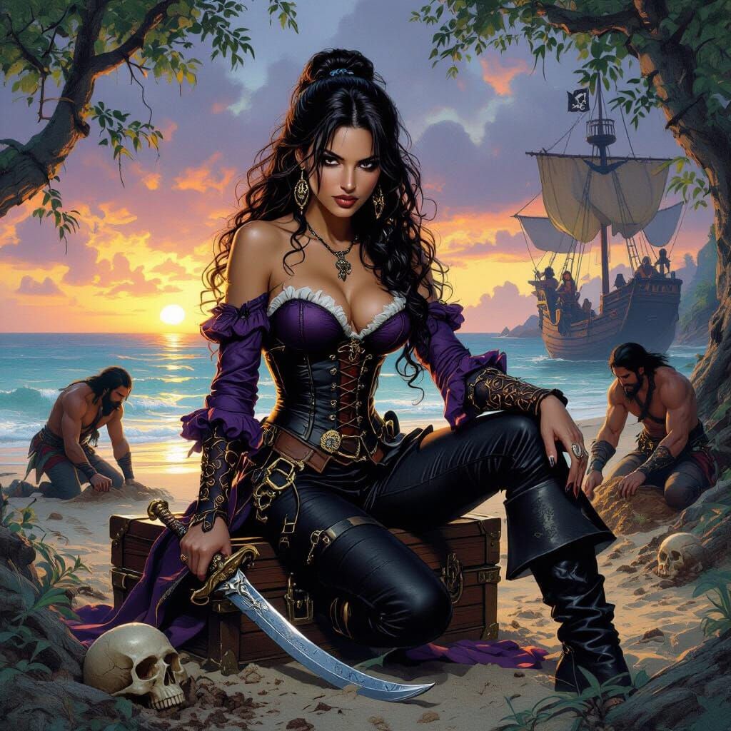Fierce Pirate Queen on Treasure Chest in Fantasy Art Style