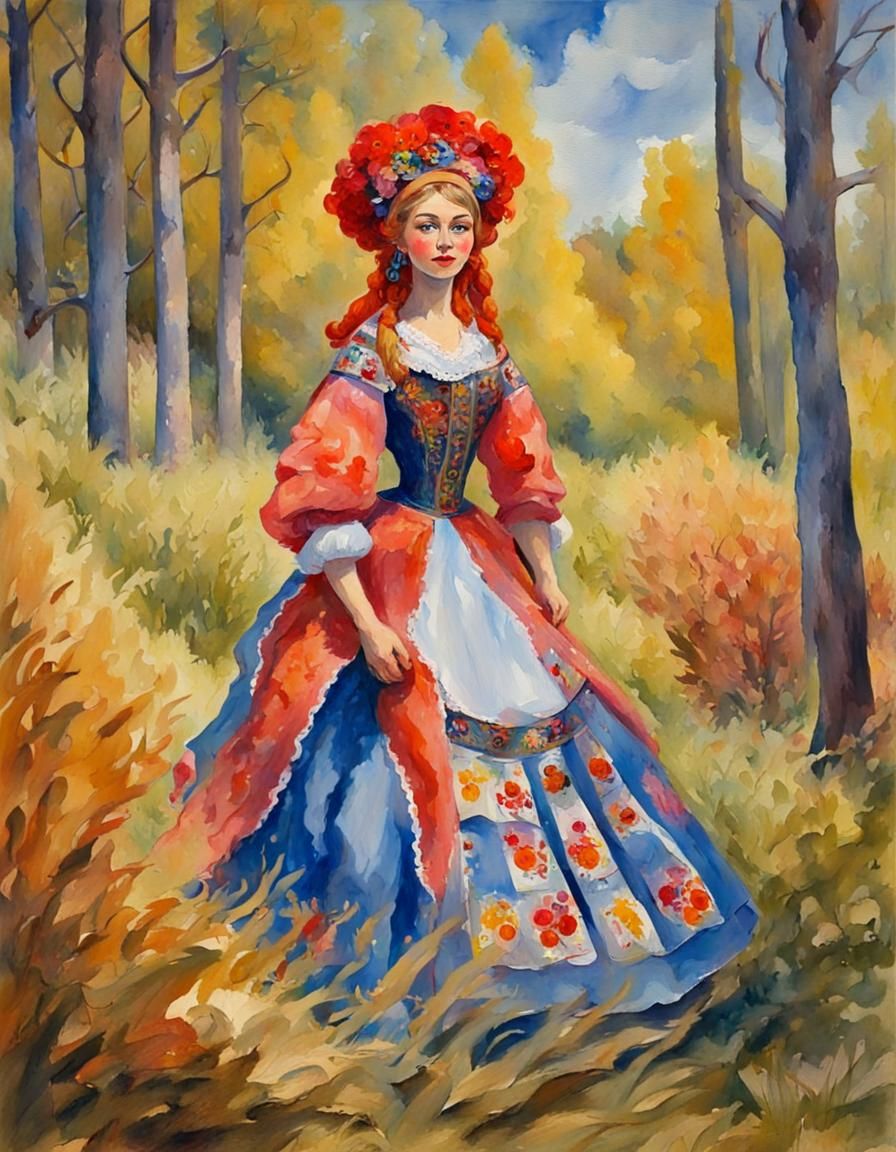 Folklore Vixen in Gouache Style Impressionist Masterpiece