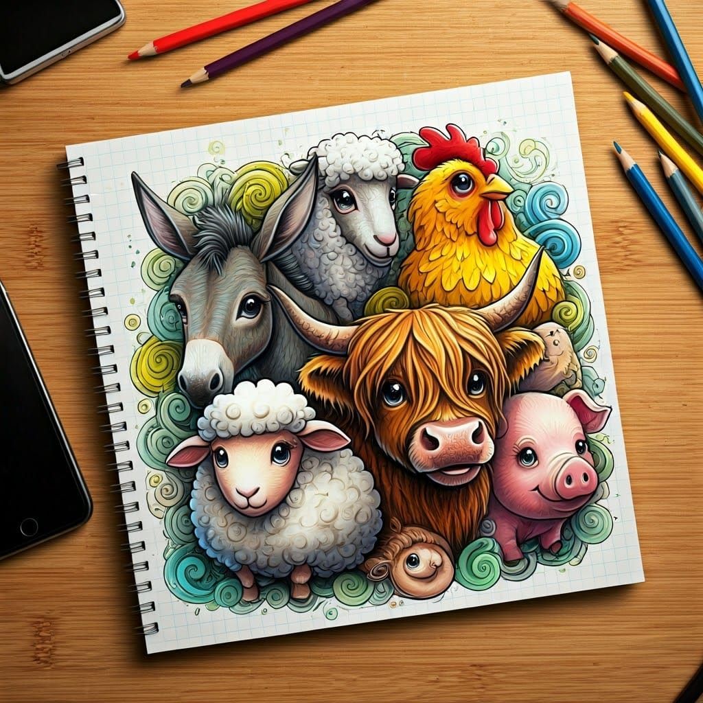 Colorful Doodles of Happy Farm Animals
